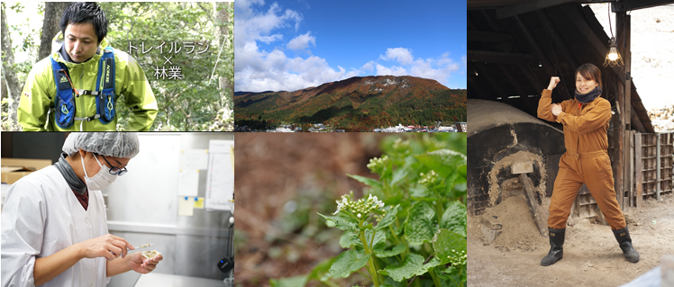 5枚の写真(1)林のいる男性(2)餃子を詰める女性(3)青空と山(4)畑わさびの花(5)牧場でポーズを決める女性