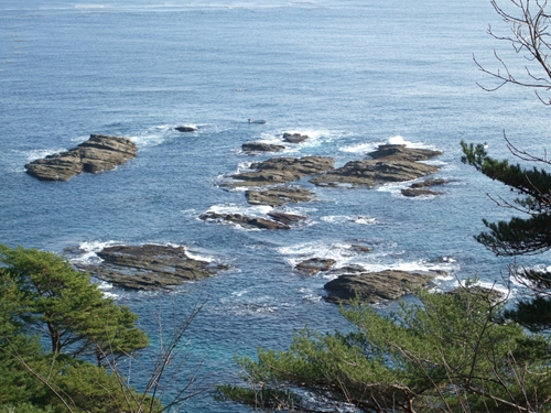 茂師海岸の写真。ごつごつした岩が海面から顔を出している。