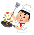 イラスト：うれしそうに料理する男性シェフ