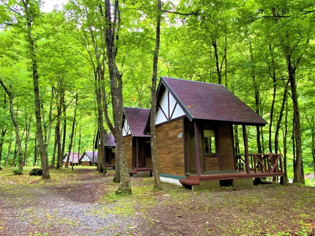 氷渡交流施設の写真。森の中に山小屋が5軒設置されている。