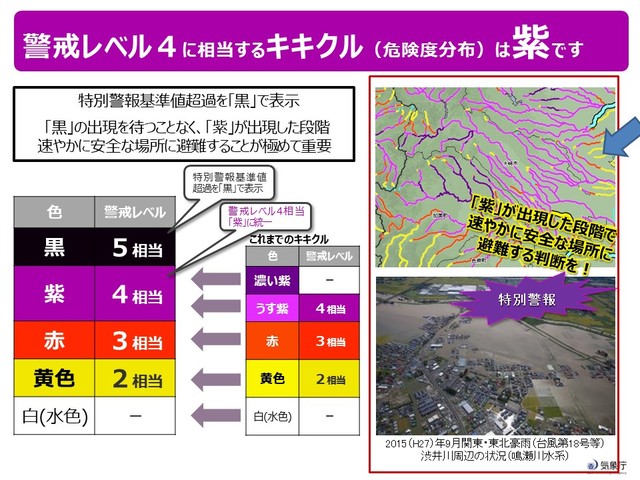 警戒レベル4に相当するキキクル（危険度分布）は紫です